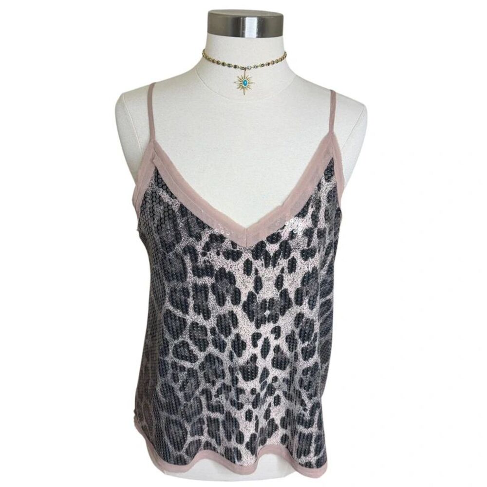 Vici Leopard Animal Print Sequins V Neck Tank Top Womens Small